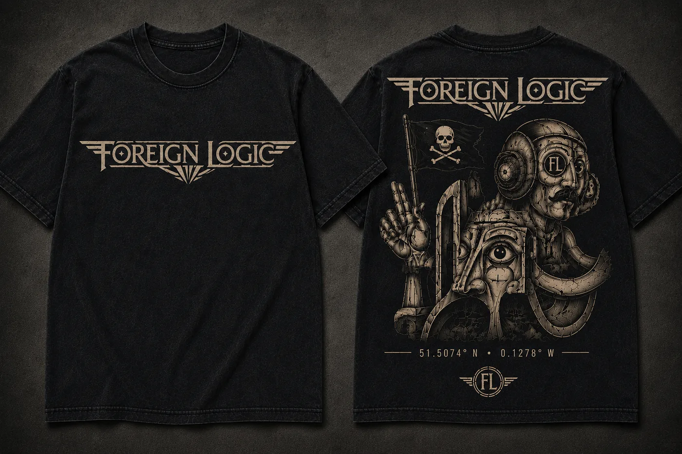 Black Foreign Logic shirt, front and back