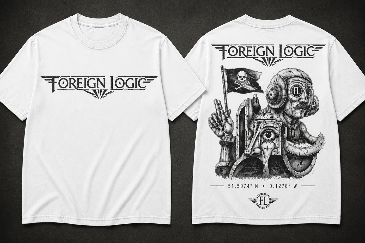 White Foreign Logic shirt, front and back